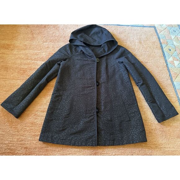 Portrait Black Reversible Hooded Rain Jacket Leopard Print Pockets Women S - Picture 6 of 7